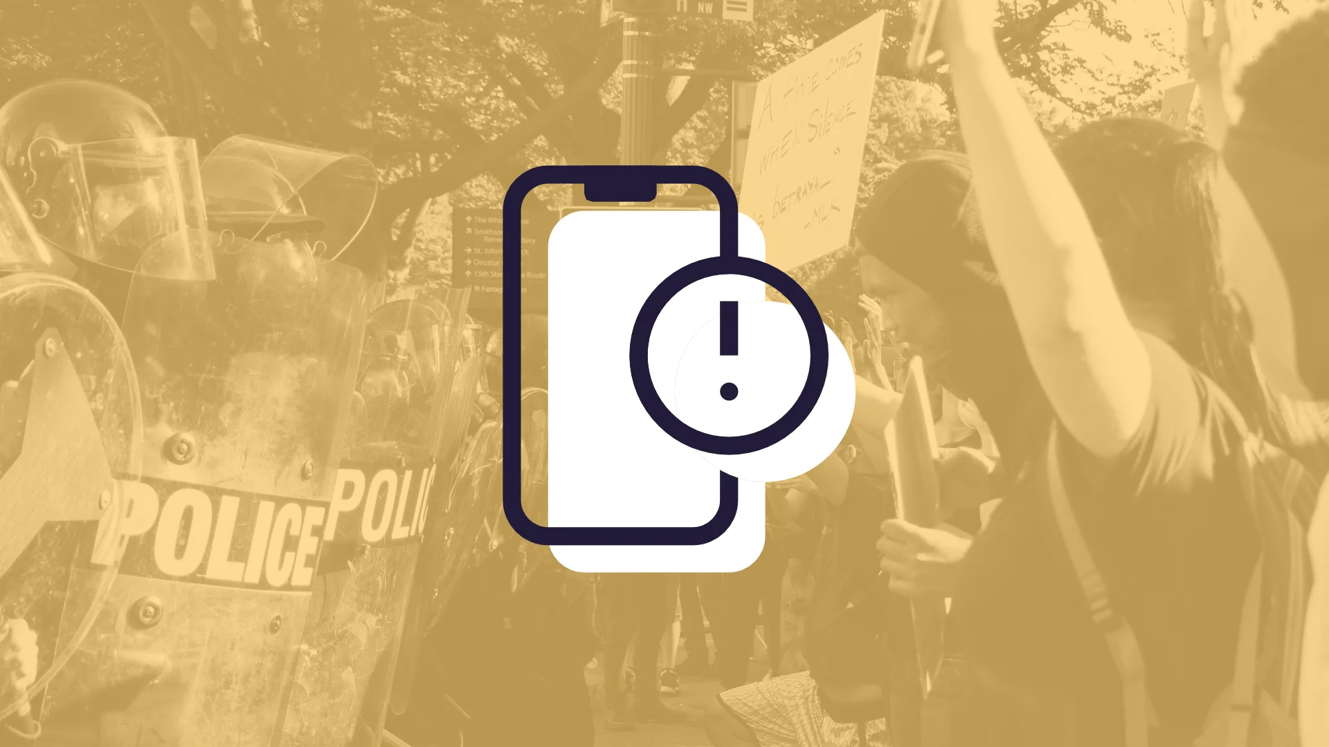 Article cover photo showing a phone icon over a protest