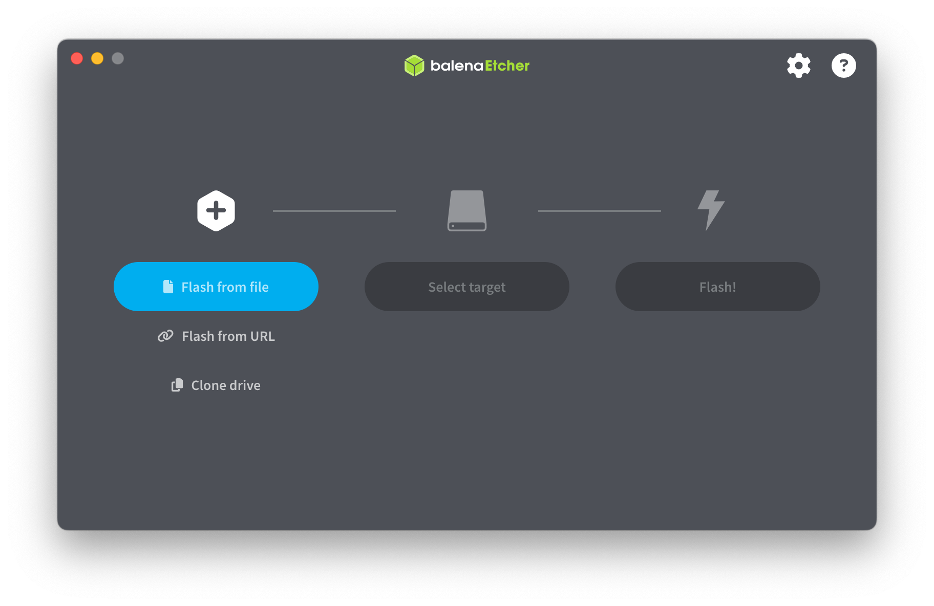 Screenshot of a balenaEtcher window showing 3 buttons. The button on the left is blue and labeled Flash from file.