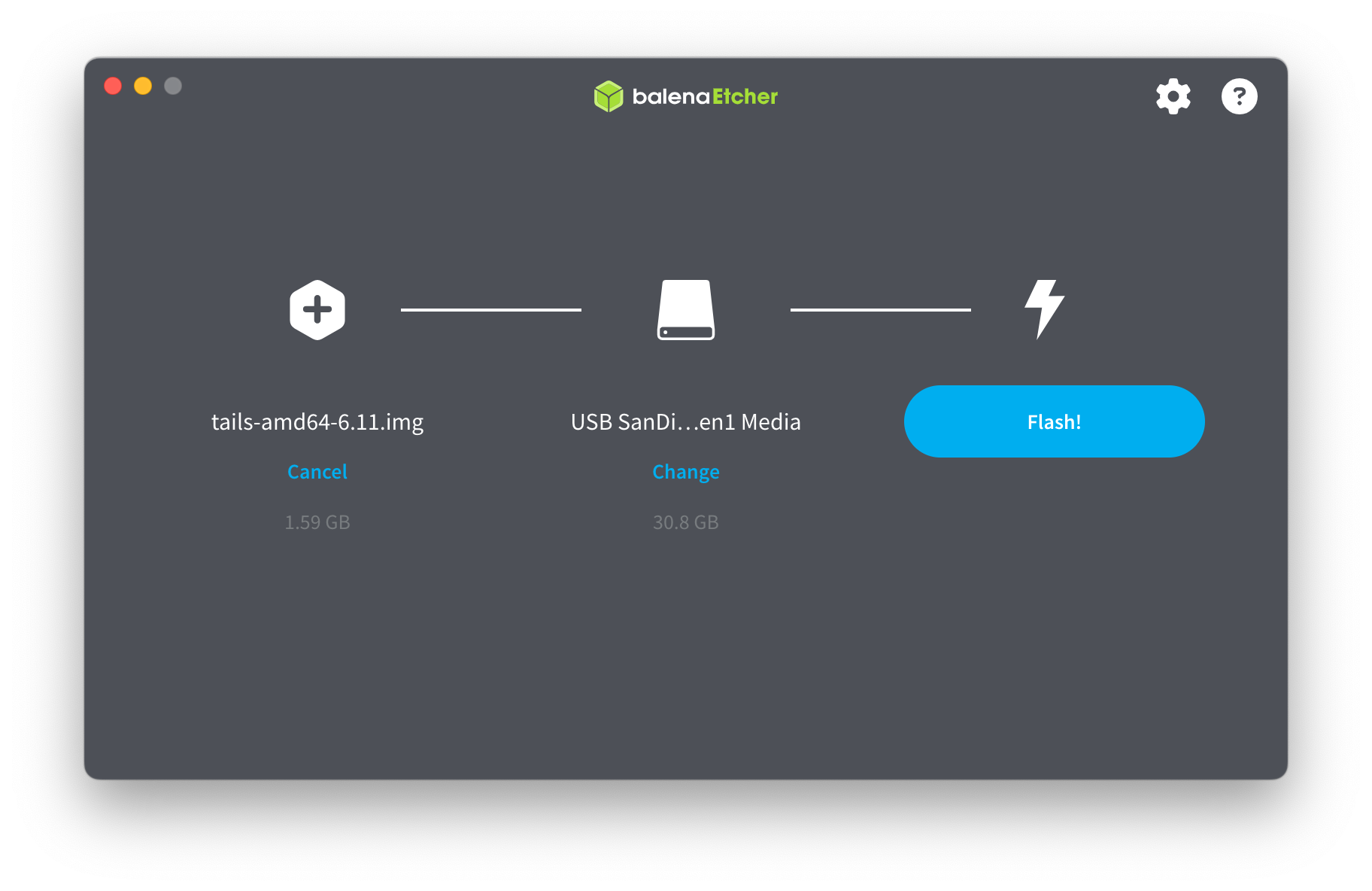 Screenshot of a balenaEtcher window showing 3 buttons. The button on the right is blue and labeled "Flash!".