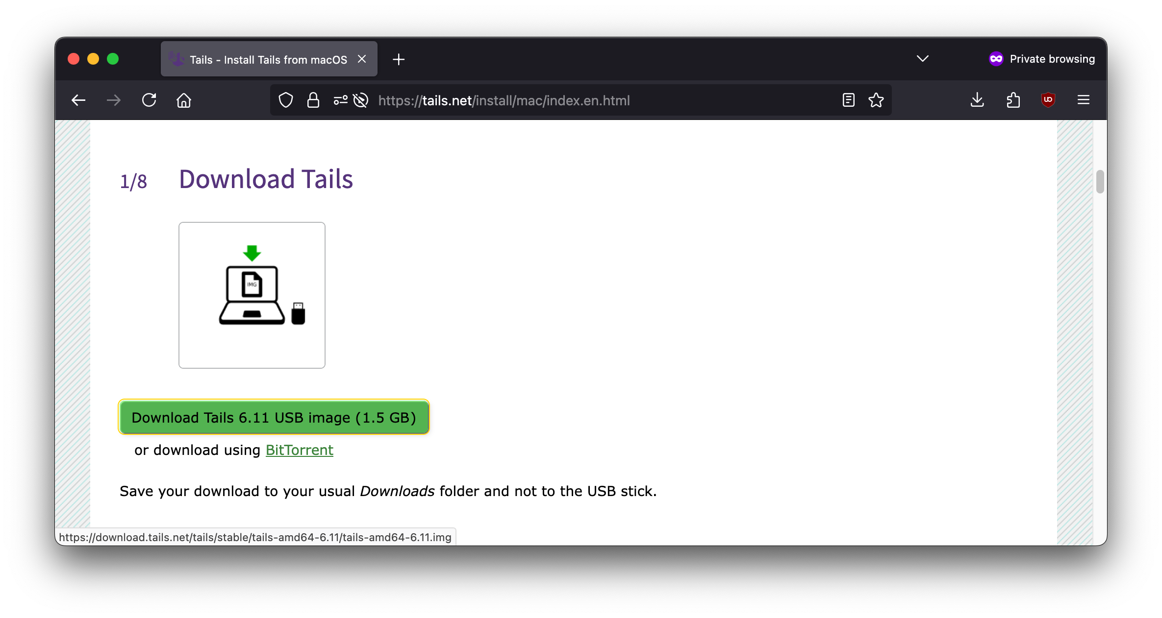 Screenshot of a browser window showing Tails' download step.