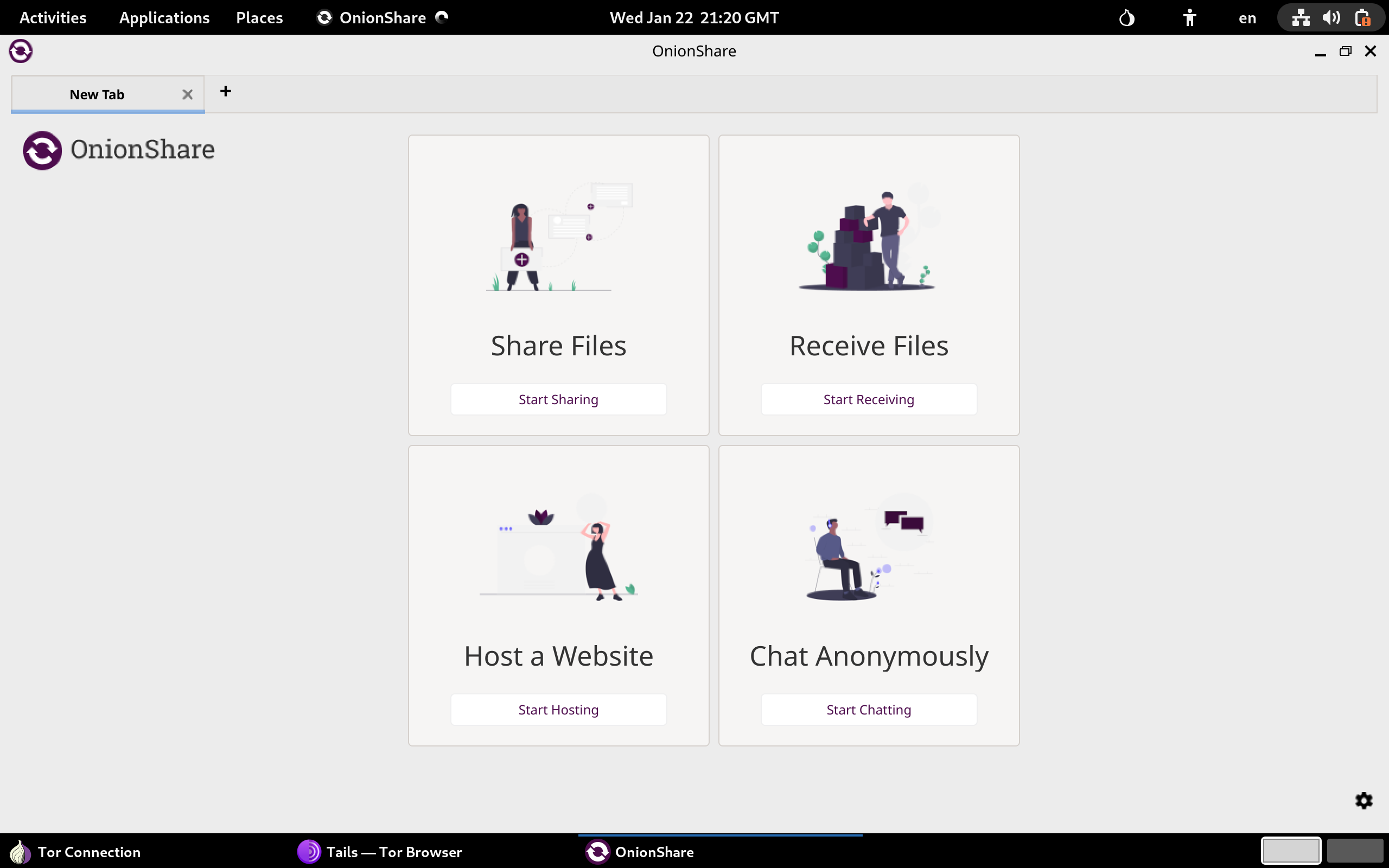 Screenshot within Tails showing the application OnionShare open.