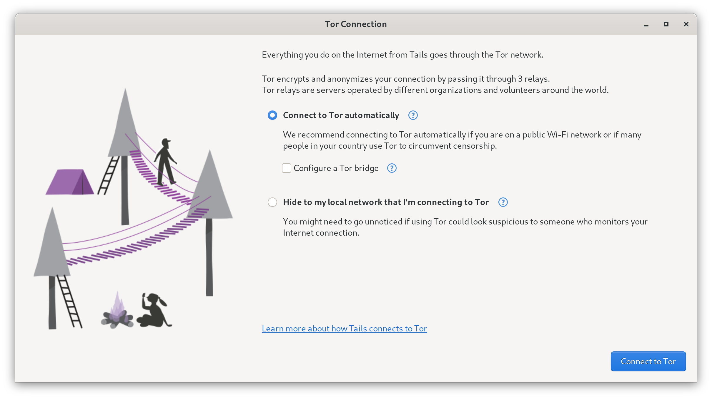 Screenshot of a window within Tails titled "Tor Connection" and showing various options.